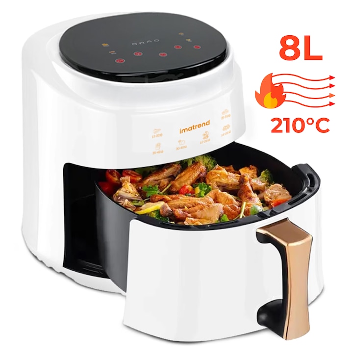 Friteuza Cu Aer Cald, Fara Ulei, IMA Trend®, XL Air Fryer, Putere 1400W, Capacitate 8 Litri, Ecran Tactil Digital, Airfryer cu Temperatura Reglabila 80-210°C, Timer 60 Minute, Cos Detasabil, Display Digital, Gatire Rapida si Uniforma, Alb