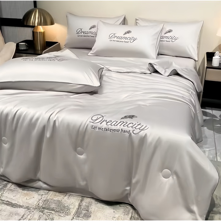 Lenjerie de pat, 4 piese, 2 fata de perna 50x70cm, Plapuma de vara simpla din matase de gheata, gri, 200x230cm