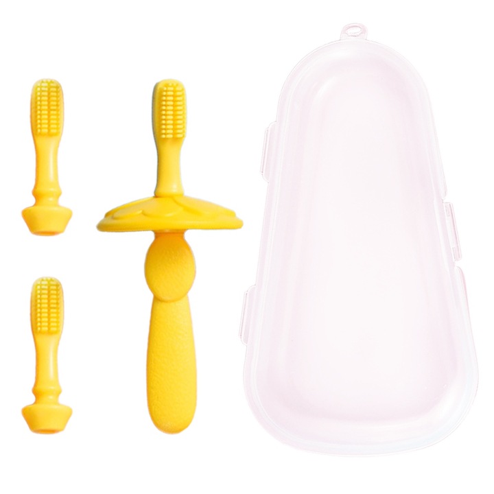2 db gyermek fogkefe szett, szilikon, sárga
