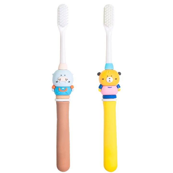 2 db-os gyerek fogkefe készlet, aranyos állatok, puha sörték, többszínű