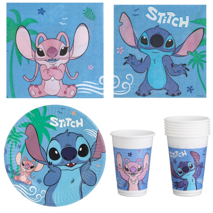 Stitch gyerek partikellék szett tányérokkal, poharakkal, szalvétákkal, 28 darabos