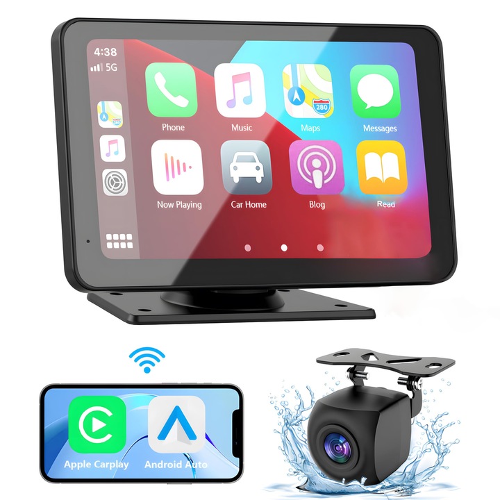 WALALLA Apple Carplay екран за кола, 7-инчов HD сензорен екран, Android Auto Wireless, резервна камера, автомобилни аудио приемници, гласово управление, огледална връзка, Bluetooth, GPS навигация, черен