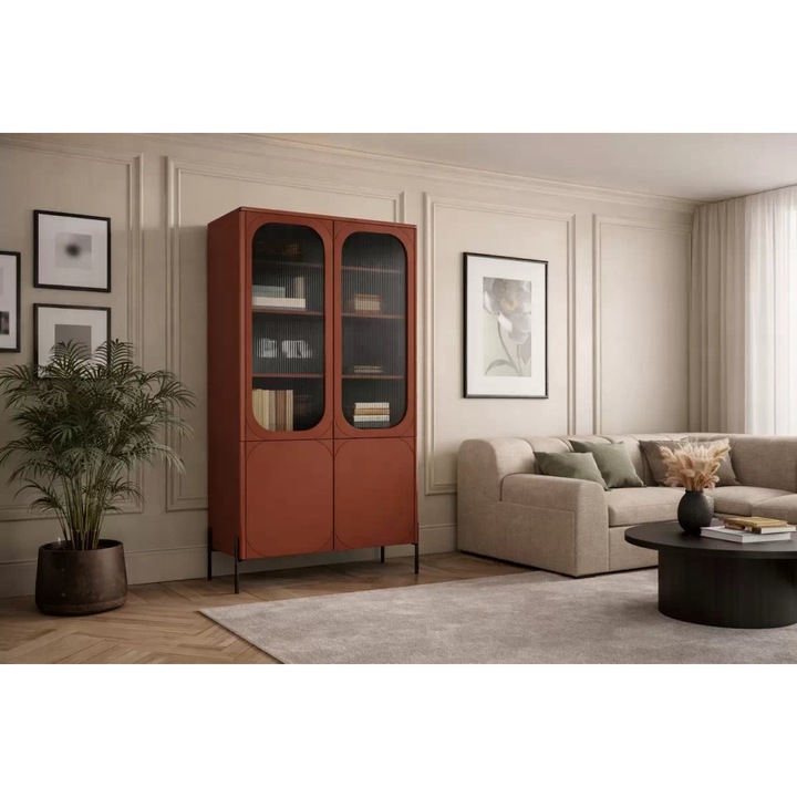 Vitrina, Bogart, Sonatia, 104x200x45 cm, Pentru Living, Cu 4 Usi, Cu 8 Rafturi, MDF/Sticla, Bordeaux