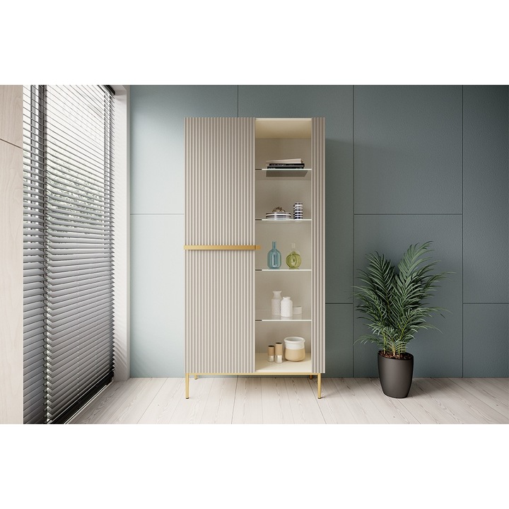 Vitrina, Bogart, Nicole, 100x200x45 cm, Cu Picioare Metalice, Cu 2 Usi, Cu 8 Rafturi, PAL/Sticla, Casmir/Auriu