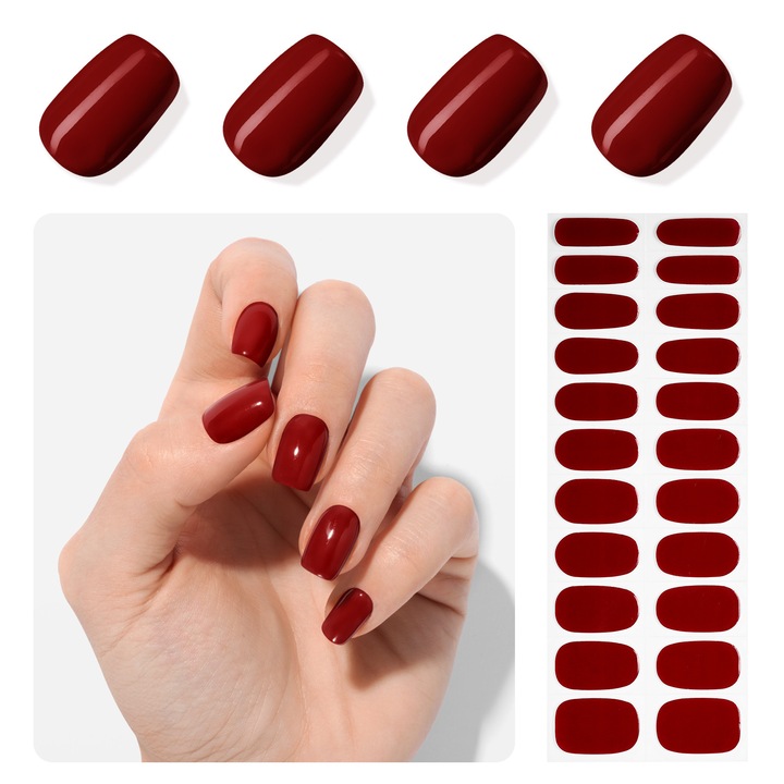Set autocolante pentru unghii, nu necesita lumina UV, usor de aplicat si indepartat, rosu, 22 piese