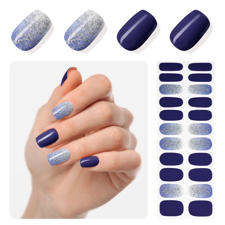 Set autocolante pentru unghii, nu necesita lumina UV, usor de aplicat si indepartat, albastru, 22 piese