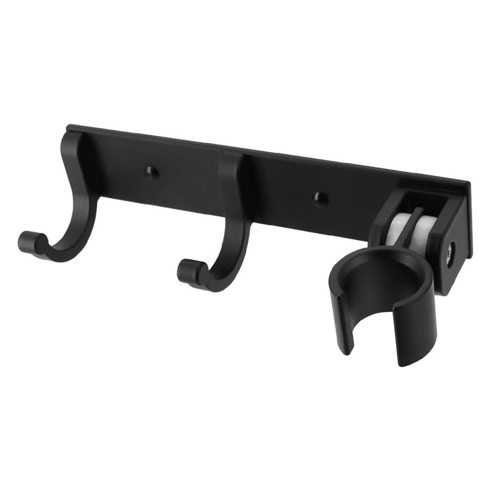 Suport de perete pentru cap de dus, aluminiu, negru, 14.9x6.4x3cm, cu carlige