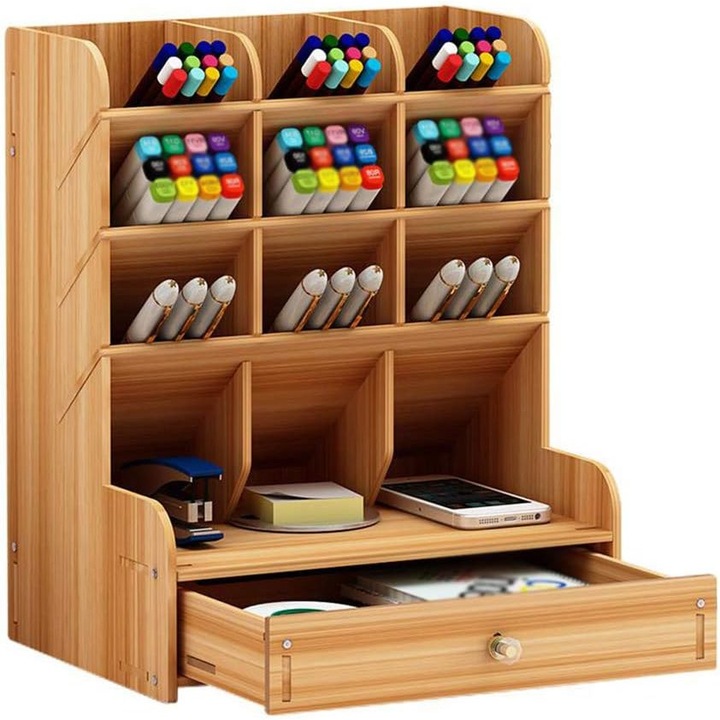 Organizator de birou multifunctional, lemn, cires, 21x15x25.5cm, cu sertar si suport telefon
