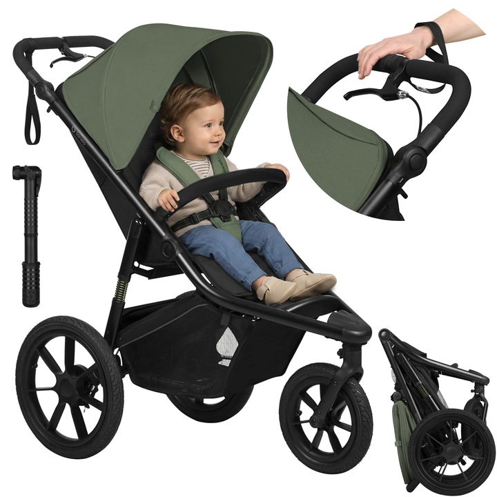 Carucior sport, Lionelo, Azura, Cu 3 roti, Cu baldachin XXL impermeabil, Pliere compacta, Pana la 22 kg, 6-48 luni, Conform cu standardele europene de securitate EN1888-1 si EN1888-2, Verde