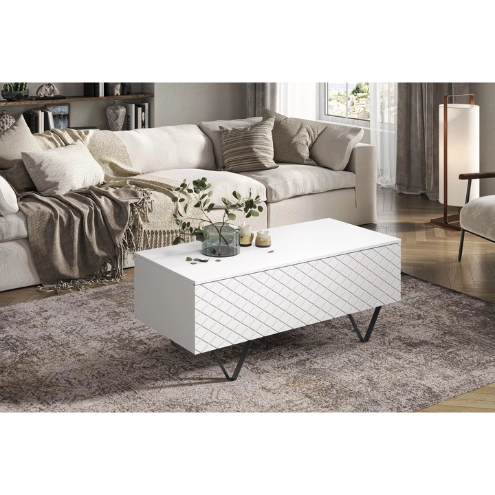 Masuta Cafea, Bogart, Scalia 120 2K, Cu Compartiment De Depozitare, 120x48x55 cm, PAL/MDF, Alb/Negru