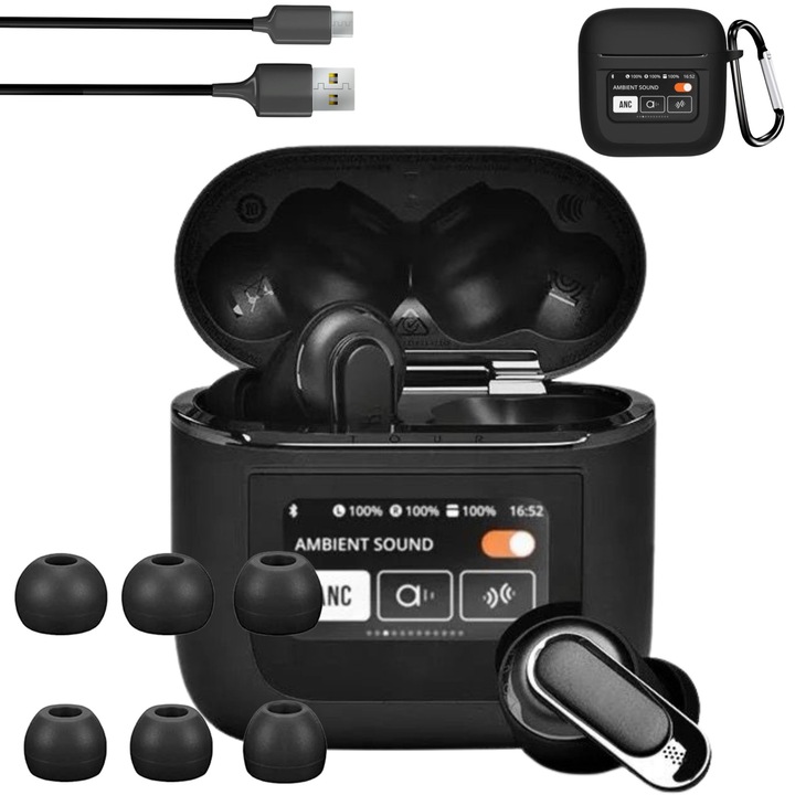 Vezeték nélküli, fülbe helyezhető fejhallgató ASON, Bluetooth, LCD kijelző, Smart Tok, aktív zajszűrő, szilikon tok mellékelve