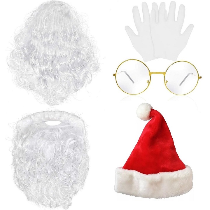 5 db Mikulás jelmez készlet, Mikulás parókával / szakállal / sapkával / szemüveggel / kesztyűvel, carrlinechoo, piros / fehér