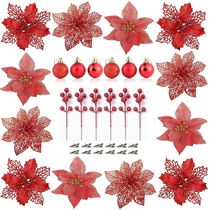 Set 24 flori artificiale de Craciun, Cu tije de fructe de padure stralucitoare/cu clesti argintii/bile, carrlinechoo®, Rosu