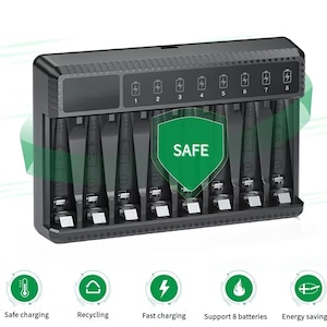 Incarcator pentru 8 acumulatori, MOSMAOO®, cu ecran color, functia de power bank, Negru