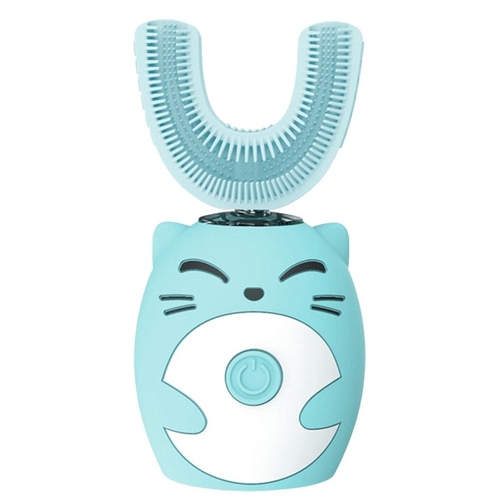 Elektromos fogkefe gyerekeknek, JENUOS®, 5,2×11cm, IPX7 vízálló, 8-15 év, U-alakú, szilikon, fogmosó és tisztító fogkefe 360, USB töltés, kék
