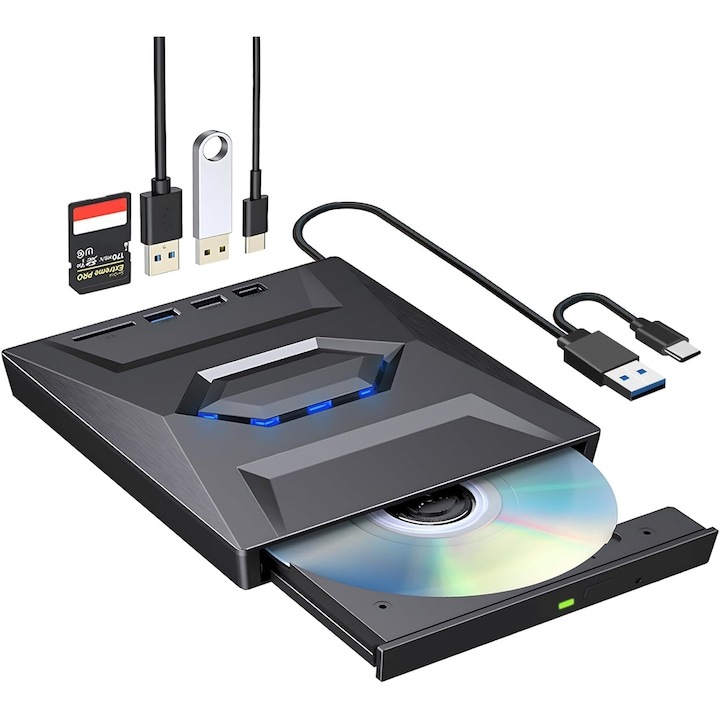 Többfunkciós külső DVD-meghajtó, DVD-RW-vel, USB Type-C 3.0, kompatibilis a Win XP 7 8 10 rendszerrel, Linux MacOS, alkalmas asztali számítógéphez, laptophoz és többfunkciós készülékhez, WALALLA, Fekete