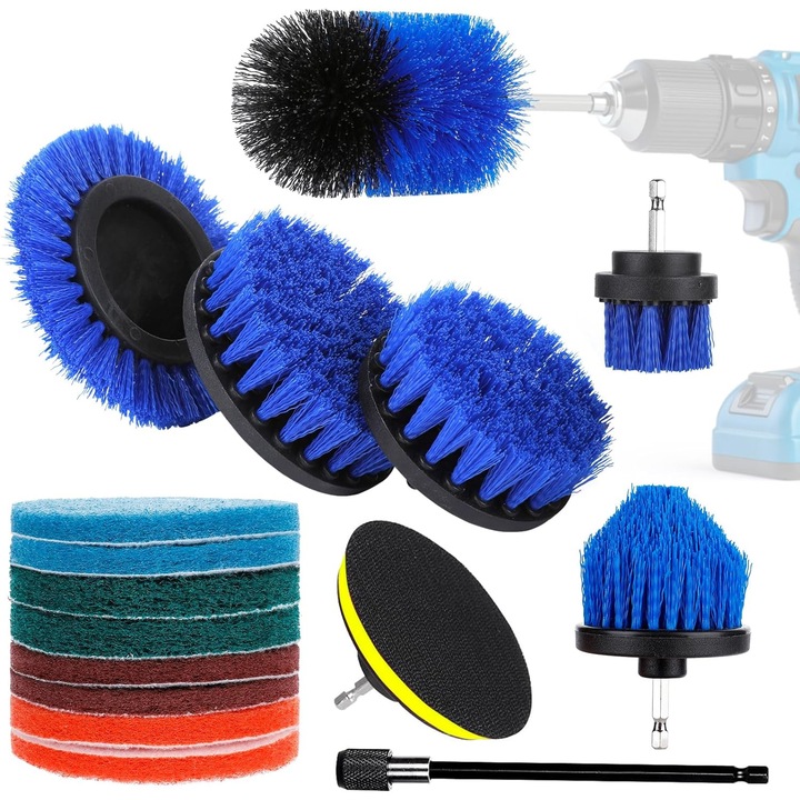 Set accesorii curatare auto JEEJINYAN, 6 perii pentru bormasina, 8 lavete 4-inch, 2 unelte conectare, multicolor