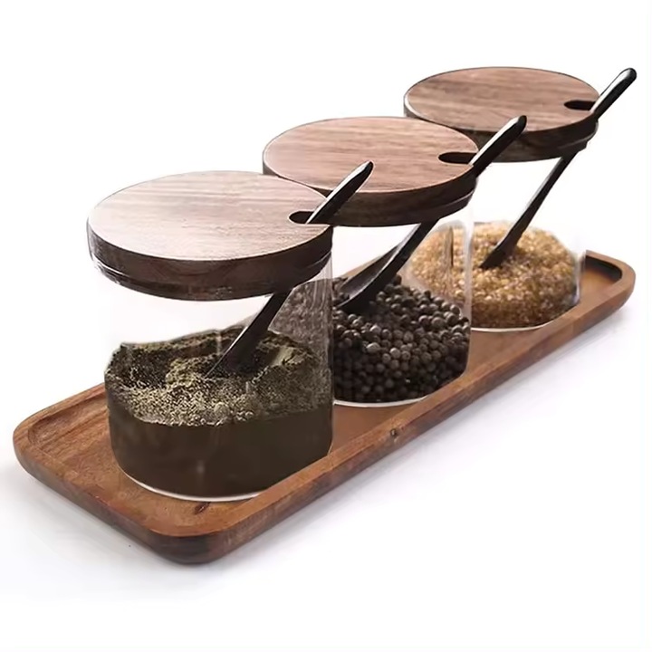 Set 3 recipiente pentru condimente din sticla cu capac si lingurita Lemn de Acacia, 250 ml, Ivosa