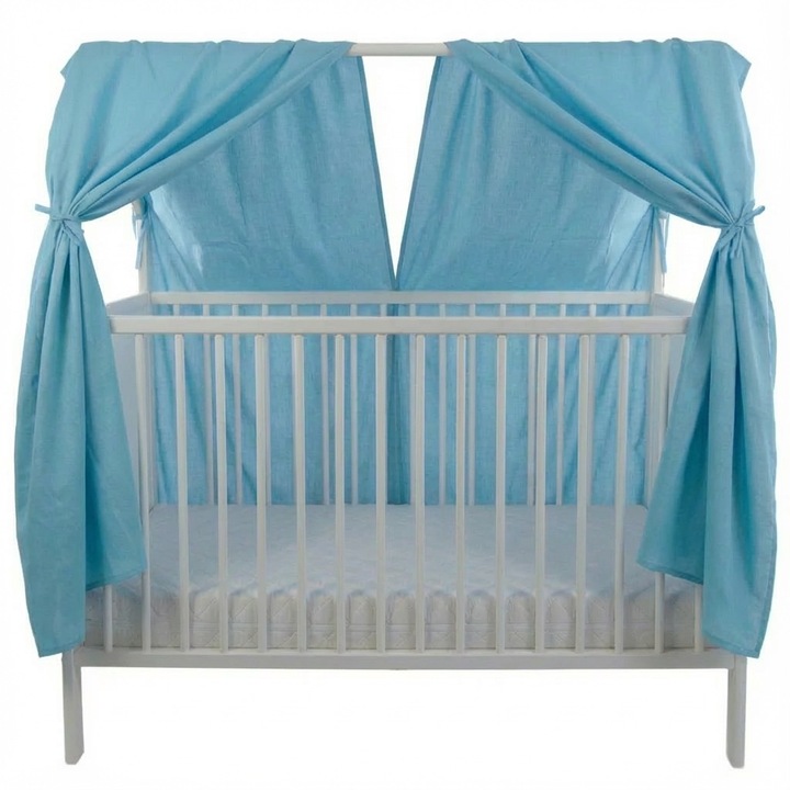 Patut bebe, forma casuta, baldachin, dimensiune saltea 60x120 cm, structura din lemn masiv de fag Primii Pasi, PLC13 bleu