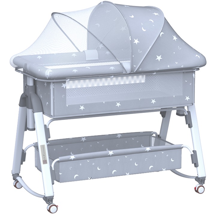 Többfunkciós babaágy, állítható magasság, tárolóhely, összecsukható kerekek, védőháló, matrac, CLD Care Love Devotion