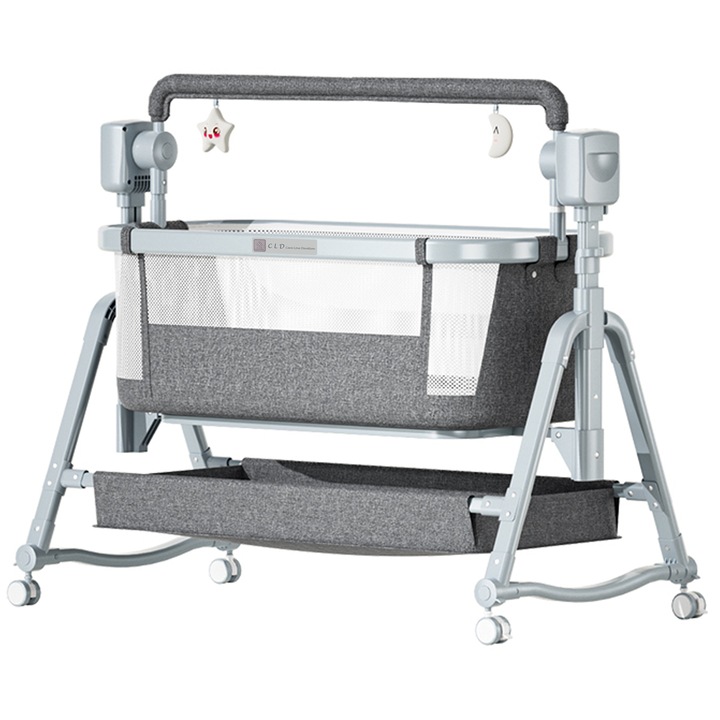 Elektromos többfunkciós babaágy, állítható magasság, tárolóhely és védőháló, matrac, digitális panel, Blue-tooth csatlakozás, távirányító, játékok és dallamok, CLD Care Love Devotion
