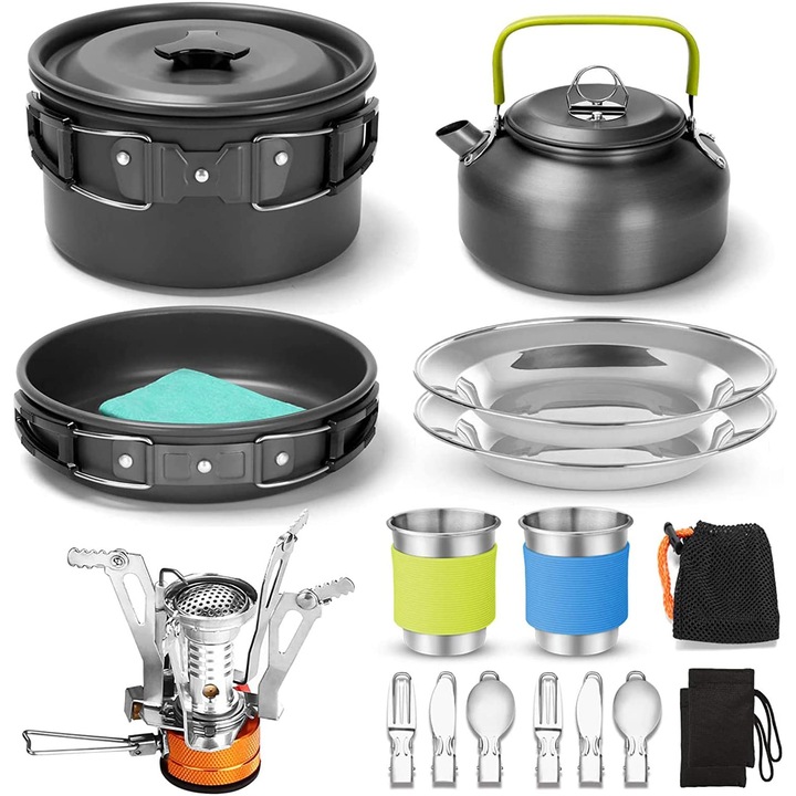 Set 16 arzatoare camping, 16 piese, aluminiu, inox, antiaderent, 1.9L, 6800W, set de gatit pentru camping, gatit in aer liber si picnic, WALALLA, multicolor, 18.8x18.5x12.7cm