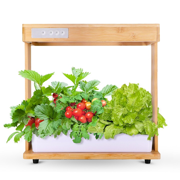 Set ghiveci hidroponic cu lampa led de crestere AxaCube, smart, 8 orificii plante, 3 cicluri de crestere, 3.5 litri, suport din bambus, pompa oxigenare apa, 100 leduri, 24W, 39x38x22 cm