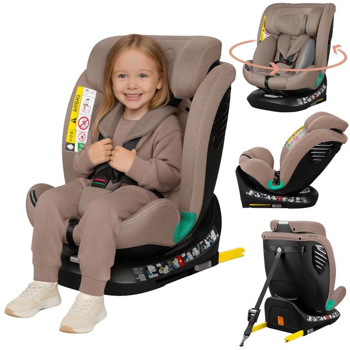 Scaun auto, Lionelo, Bastiaan One i-Size, 4 in 1, Protectie laterala, Cu spatar inclinabil in 4 pozitii, Cu tetiera reglabila in 13 pozitii, Rotire 360 grade, Top Tether, 0-36 Kg, 40-150 cm, Cu Isofix, Conform cu ECE R129, Bej