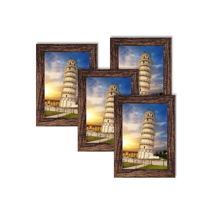 Set 4 rame foto din lemn maro, 10x15cm cu geam din sticla acrilica, Nacial