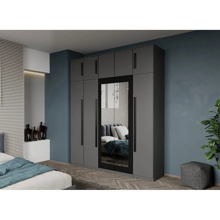 Dulap dormitor, 5 usi, Gri Antracit cu Oglinda, Dallas, 205.4 x 48 x 240,3 cm