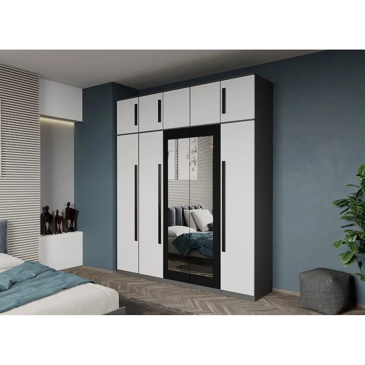 Dulap dormitor, 5 usi, Gri cu Alb, Dallas, Oglinda, 205.4 x 48 x 240,3 cm