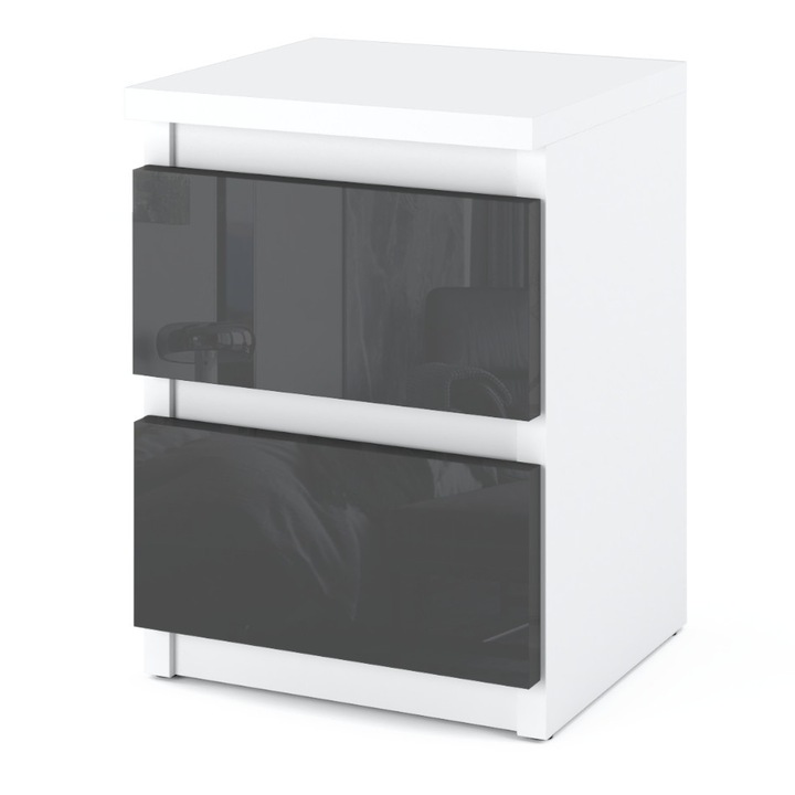 Noptiera cu 2 sertare 30x30x40cm, Alb Mat Gri Lucios