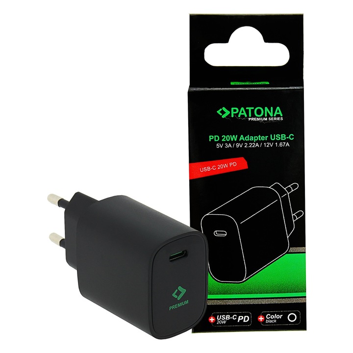 Мрежов адаптер PD20W 5V/3A 9V/2.22A 12V/1.67A USB-C PD3.0 QC3.0 Patona Premium