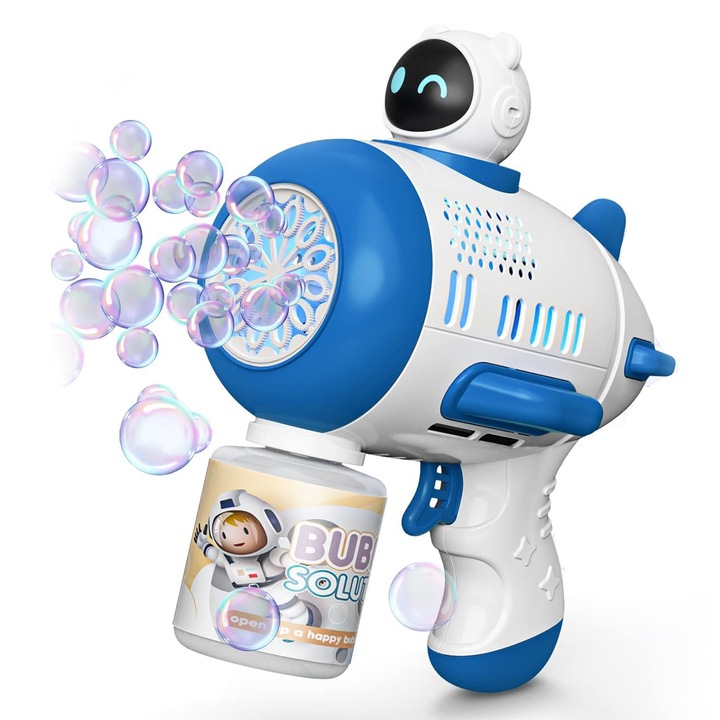 Jucarie interactiva, Pistol cu bule de sapun, luminite si alimentare cu baterii, Albastru/Alb, E-Toy®