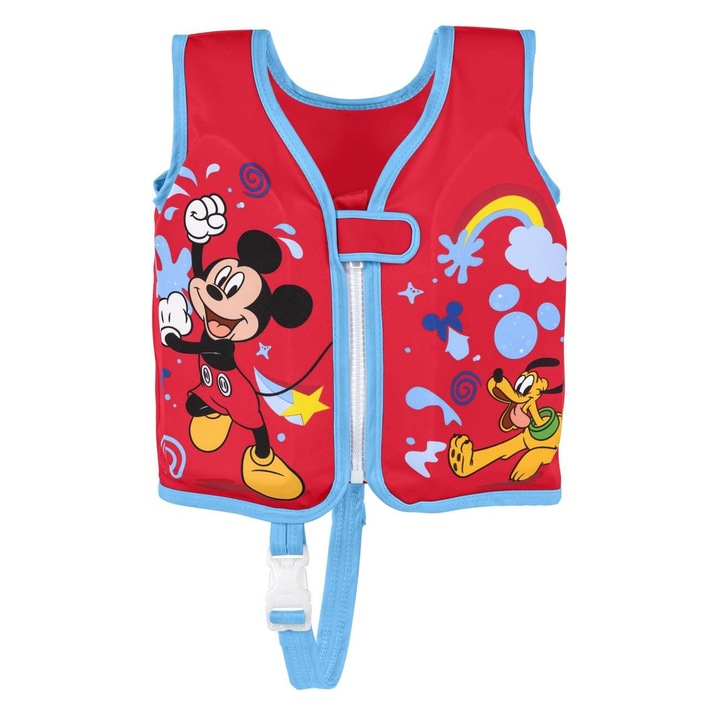 Vesta inot pentru copii cu model Mickey Mouse Shopiens®, din spuma rosie, inchidere feromoar si curele, 11 - 19 kg, 1 - 3 ani