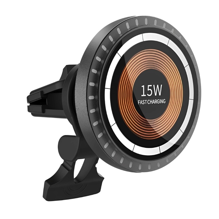 Incarcator telefon, wireless, 15 W, cu LED-uri, negru lucios, auto, casa si birou, 11, 5X6, 8 CM