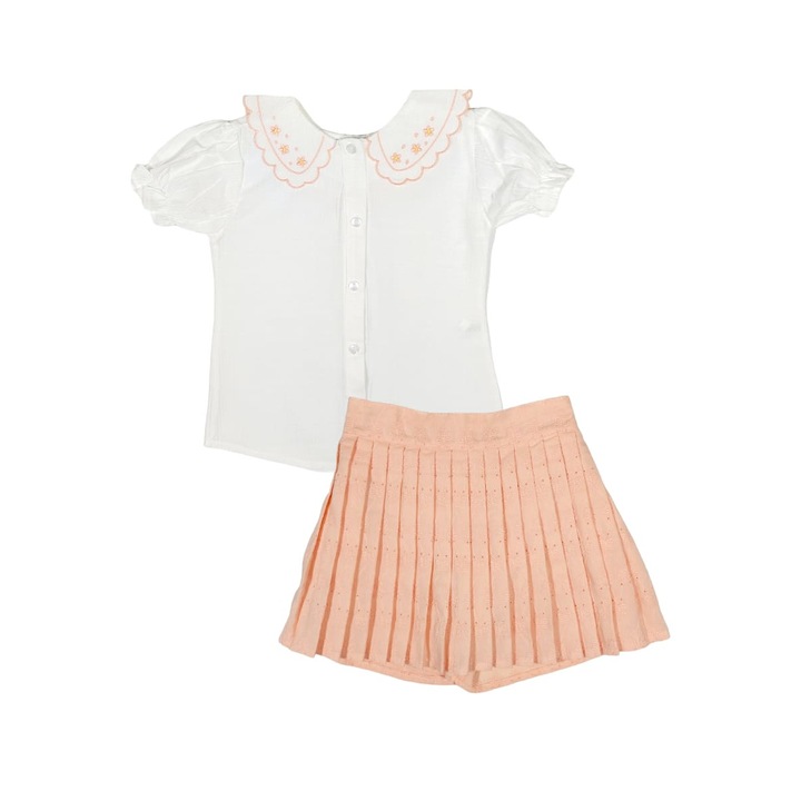 Compleu 2 piese LUMIA cu Camasuta si Fusta-pantalon plisata pentru copii/fetite, ERAKIDS, guler brodat decorativ, material usor, 100% Bumbac premium, Alb/Roz pudra