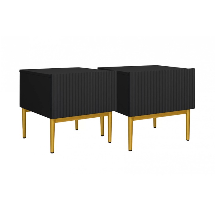 Set 2 Buc Noptiere, Bogart, Nicole, 1 Sertar, 46x45x45 cm, Inchidere Soft-Closing, PAL/MDF/HDF, Negru/Auriu