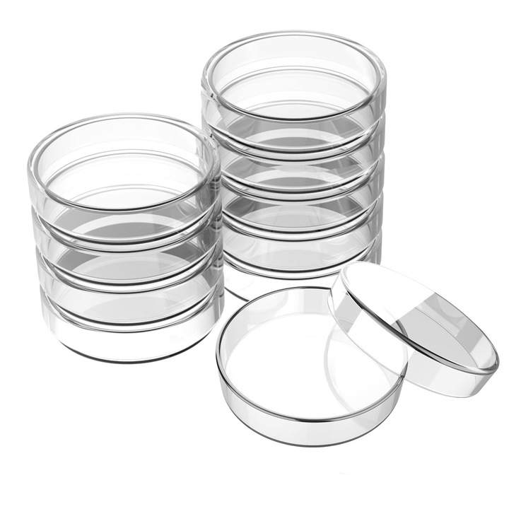 Комплект от 10 петриеви панички от боросиликатно стъкло, автоклавируеми, прозрачни, 60 mm