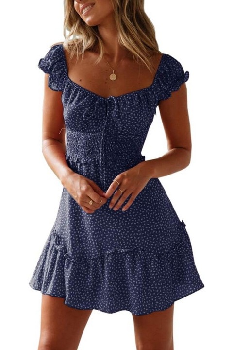 Rochie albastra cu buline albe scurta, decoltata cu bretele dama, marime xxl, YBENLOVER