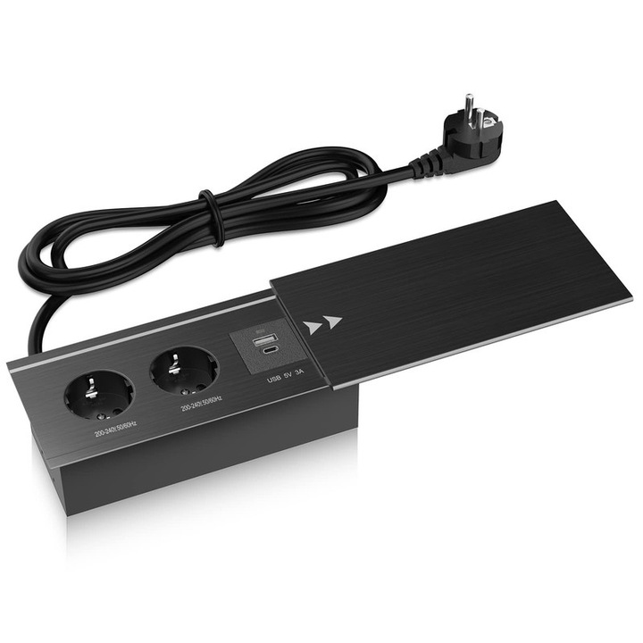 Контакт за вграждане WALALLA, 2 EU гнезда, USB, Type-C бързо зареждане, Черен, 190x100x65мм
