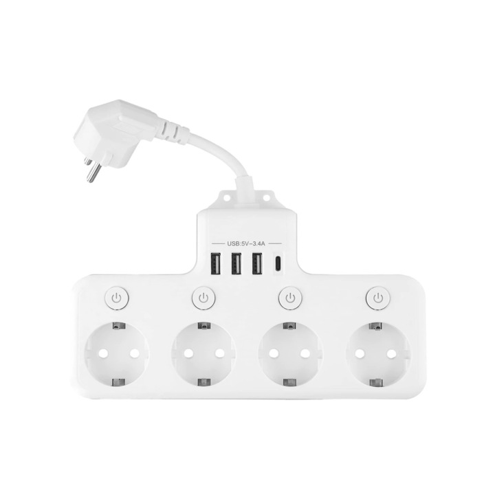 Стенен контакт WALALLA, 4 EU контакта, 3 USB, 1 Type-C, 8 в 1, 4000W, бял