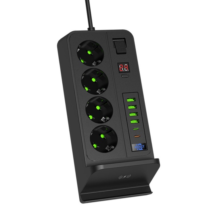 Удължителен кабел WALALLA, 4 EU конектора, 4 USB, 2 Type-C, 24h таймер, безжично зареждане, черен, 2 м