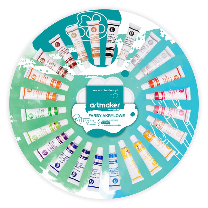 Set 24 Vopsele Acrilice, Artmaker, 24 Tuburi x 12 ml, Pe Baza De Apa, Consistenta Cremoasa, Multicolor