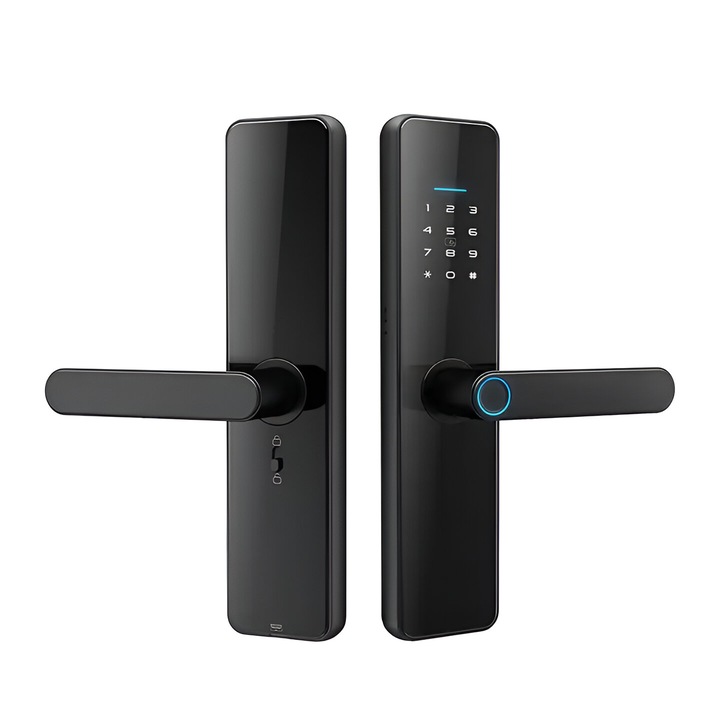 Incuietoare inteligenta digitala Dusiq TTLock, acces securizat prin WiFi, amprenta digitala, card, parola si cheie, ideala pentru case, Tuya App, apartamente si birouri, pana la 200 de amprente stocate, Negru