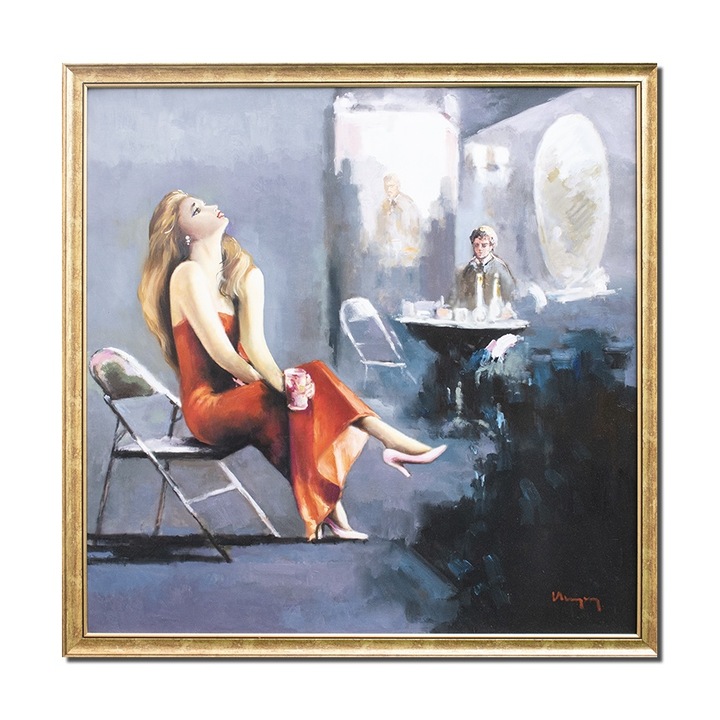 Tablou pictat manual inramat, Night spot cafe, 85x85cm ulei pe panza, reproducere Antonio Tamburro