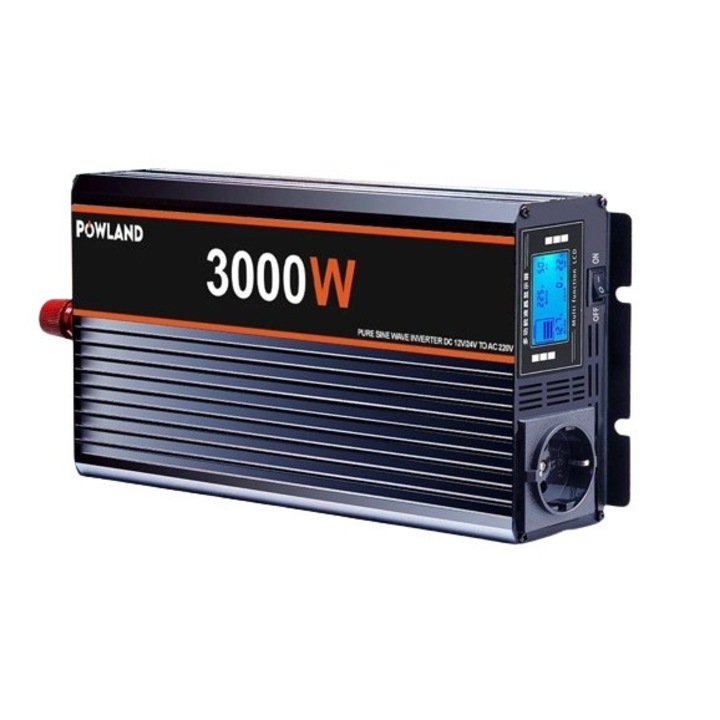 Инвертор Powland, 12V, 3000W, чист синус за фотоволтаични панелни системи, каравани, къмпинг, черен, с дистанционно управление