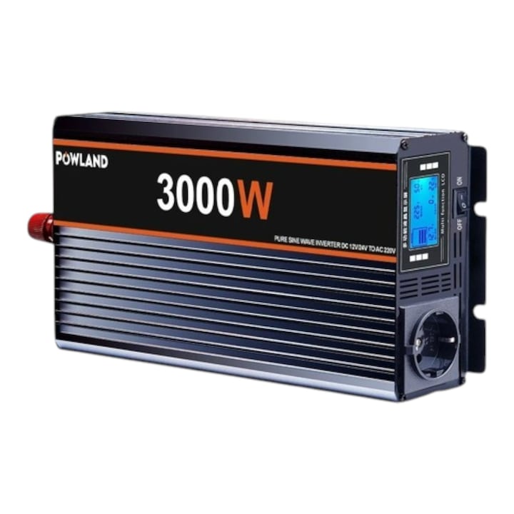 Invertor Powland, 24V, 3000W, Sinus pur pentru Sisteme de panouri Fotovoltaice, Rulote, camping, Negru, cu telecomanda