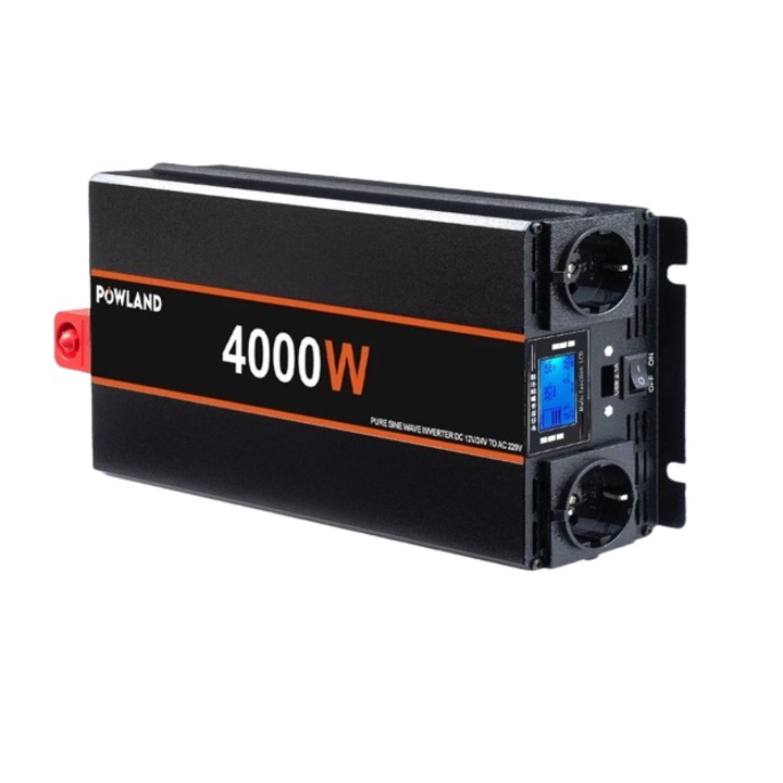 Инвертор Powland, 12V, 4000W, Pure Sine за фотоволтаични панелни системи, каравани, къмпинг, черен, с дистанционно и 2.1A USB букса