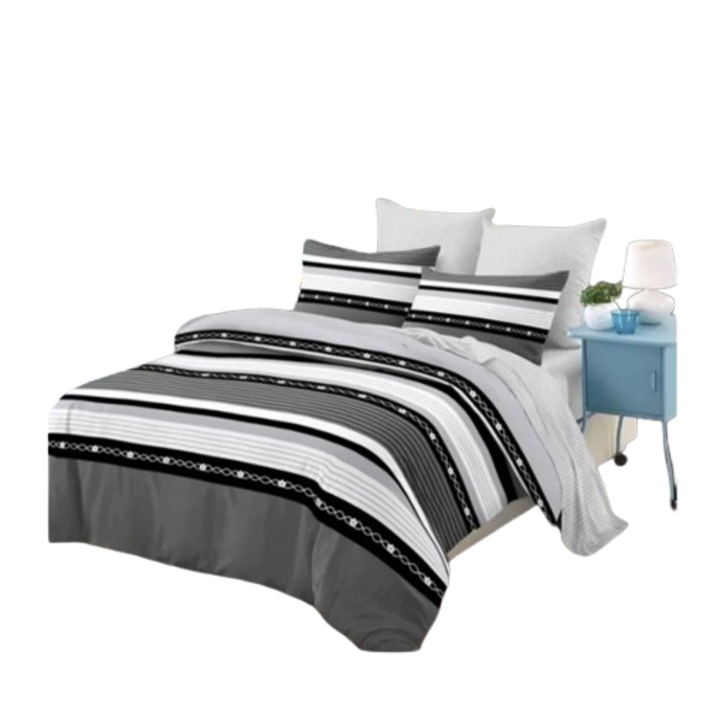 Lenjerie de pat, finet, 6 piese, cearceaf cu elastic, Pucioasa, Gri/Alb/Negru, 230 cm x 250 cm